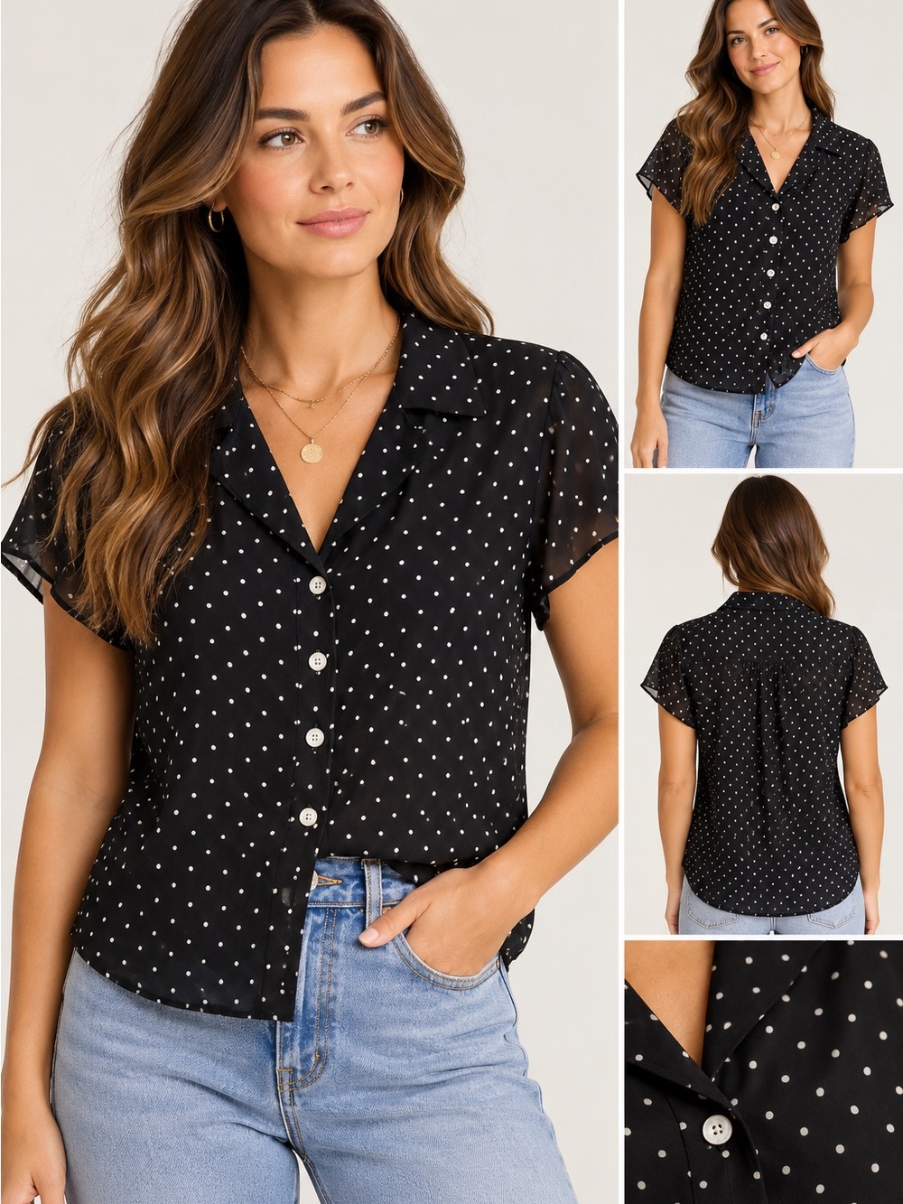 Jones New York SILK Black Polka Dot Short-Sleeve Button Blouse 12/L